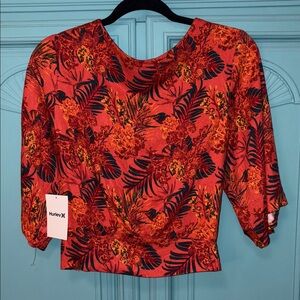 NWT Hurley Summer Palm Flounce Top orange red palm print - deep v tie back